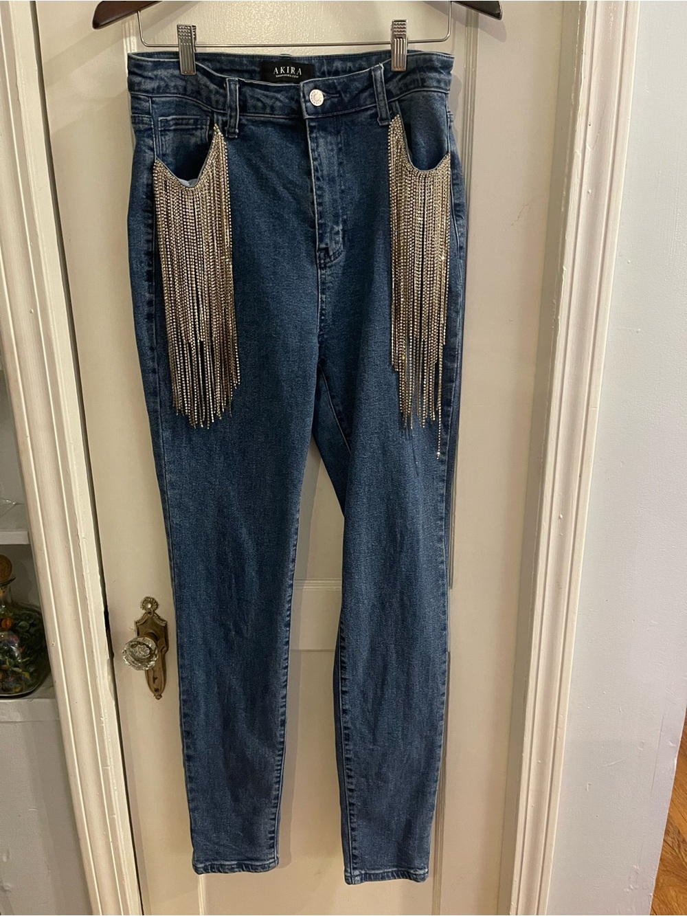 AKIRA High Rise Rhinestone Skinny Jeans